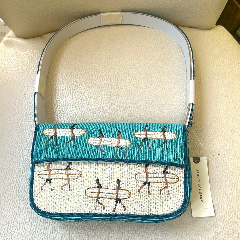 Anthropologie Teal and White Beaded Shoulder Bag